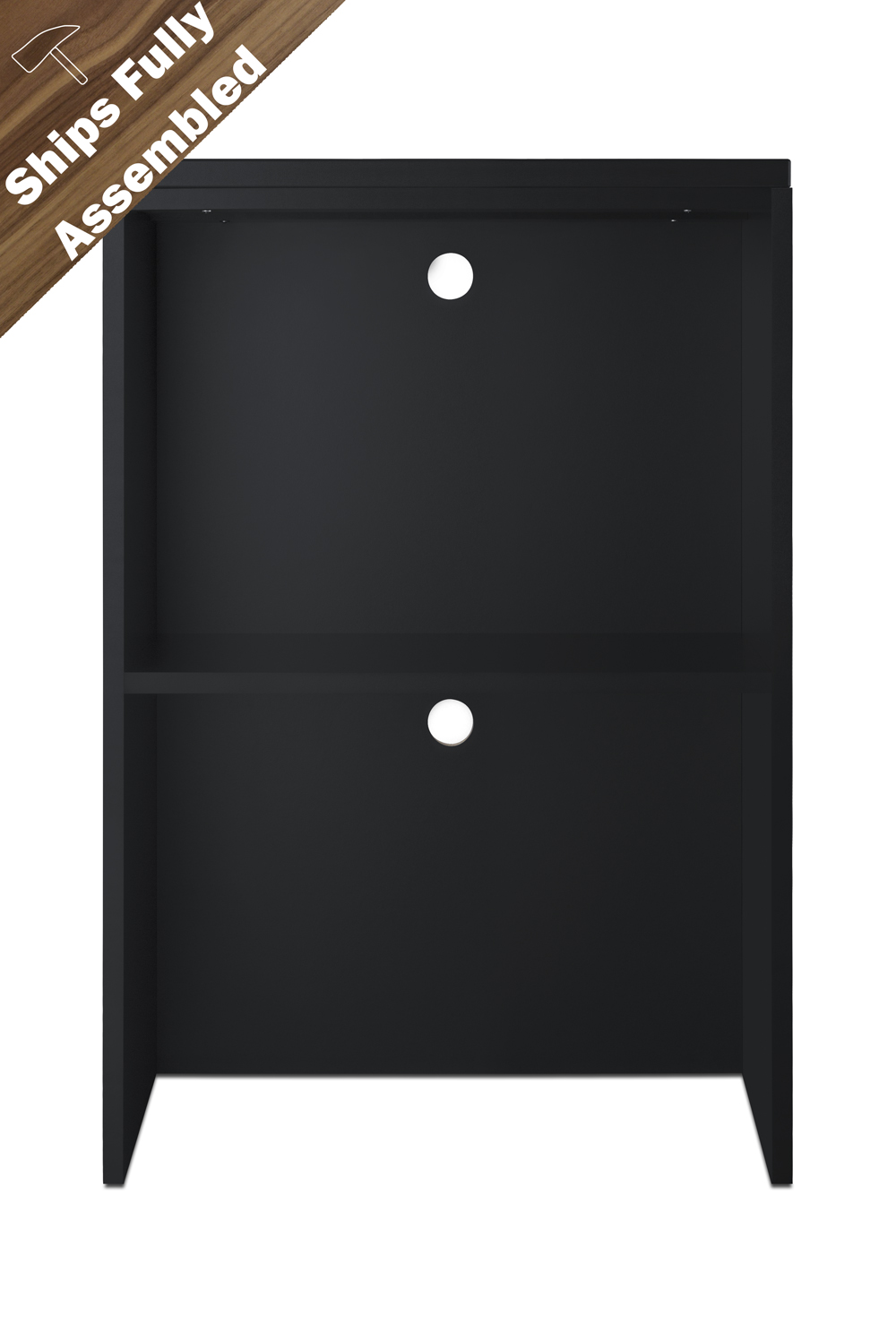 Fully assembled casework hutch in a black finish designed to accept compact microwaves